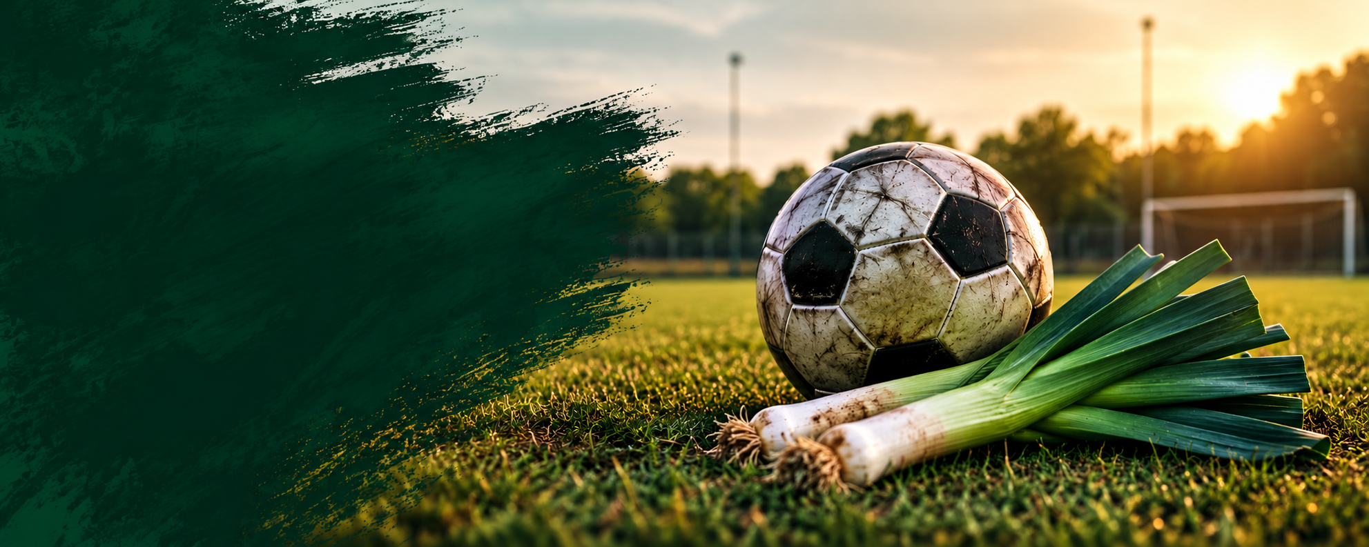 Balón de fútbol sobre el césped al atardecer
